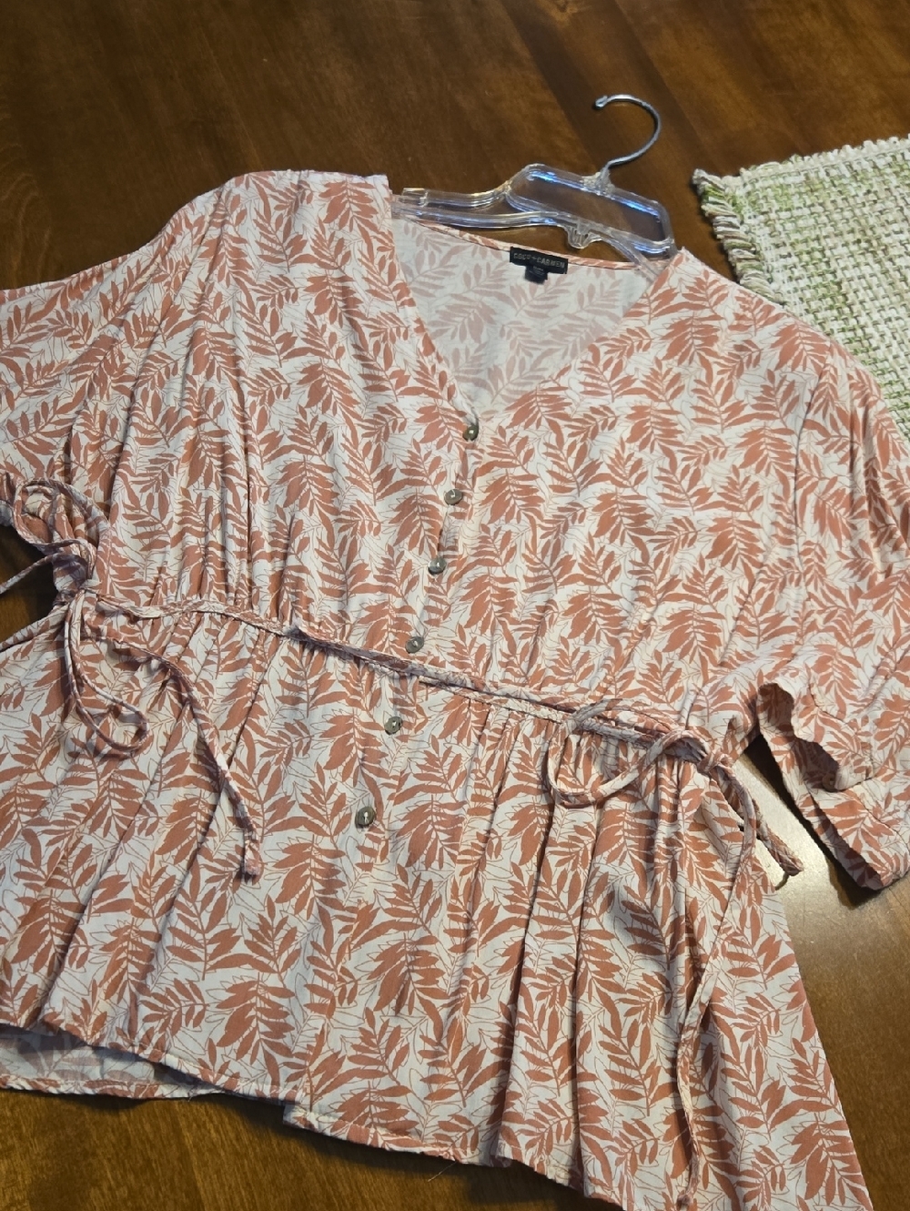 Light Pink Leaf-Print Button Front Women’s Top